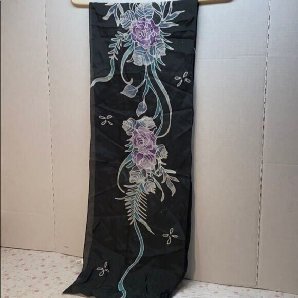 Handmade Batik Floral Scarf With Purple  Teal Design - Picture 1 of 4